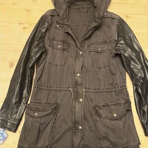 Talula Utility Jacket with Black Faux Leather Sleeves